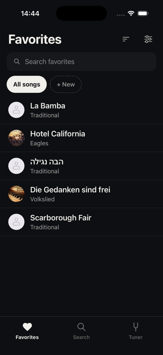 OffChords library screen showing saved songs offline, including titles in Hebrew and German